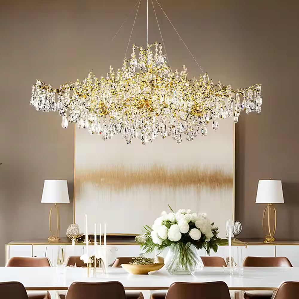 14-Lights Gold Luxury Crystal Linear Chandelier, Modern Tree Branch Chandelier for Dinning Room, Kitchen, Living Room