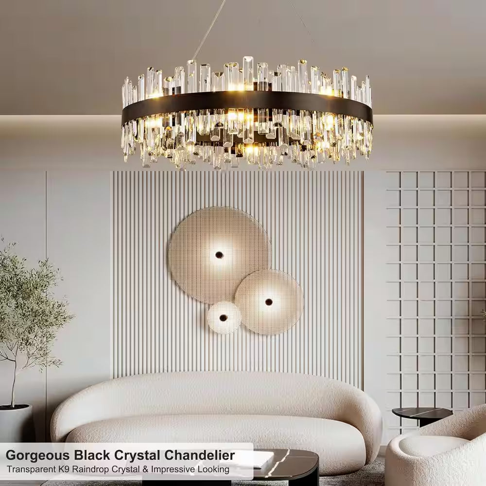 31.5 In. 16-Light Black Crystal Chandelier, Modern round K9 Crystal Hanging Pendant Ceiling Light Fixture