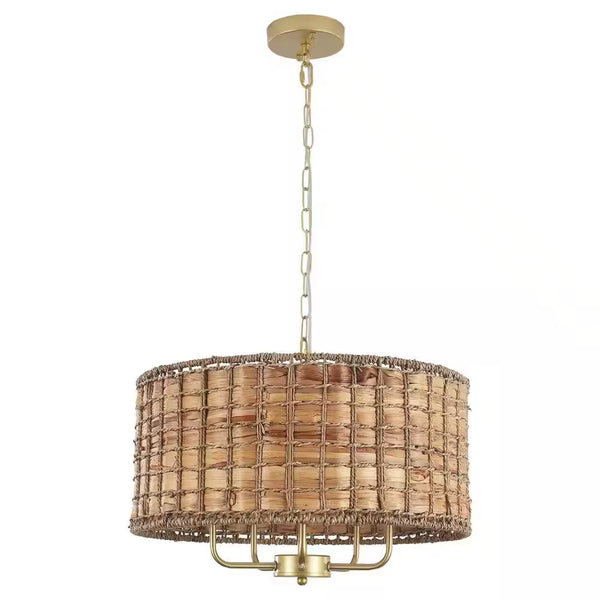 5-Light Gold Drum Bohemian Chandelier with Hand Woven Shade