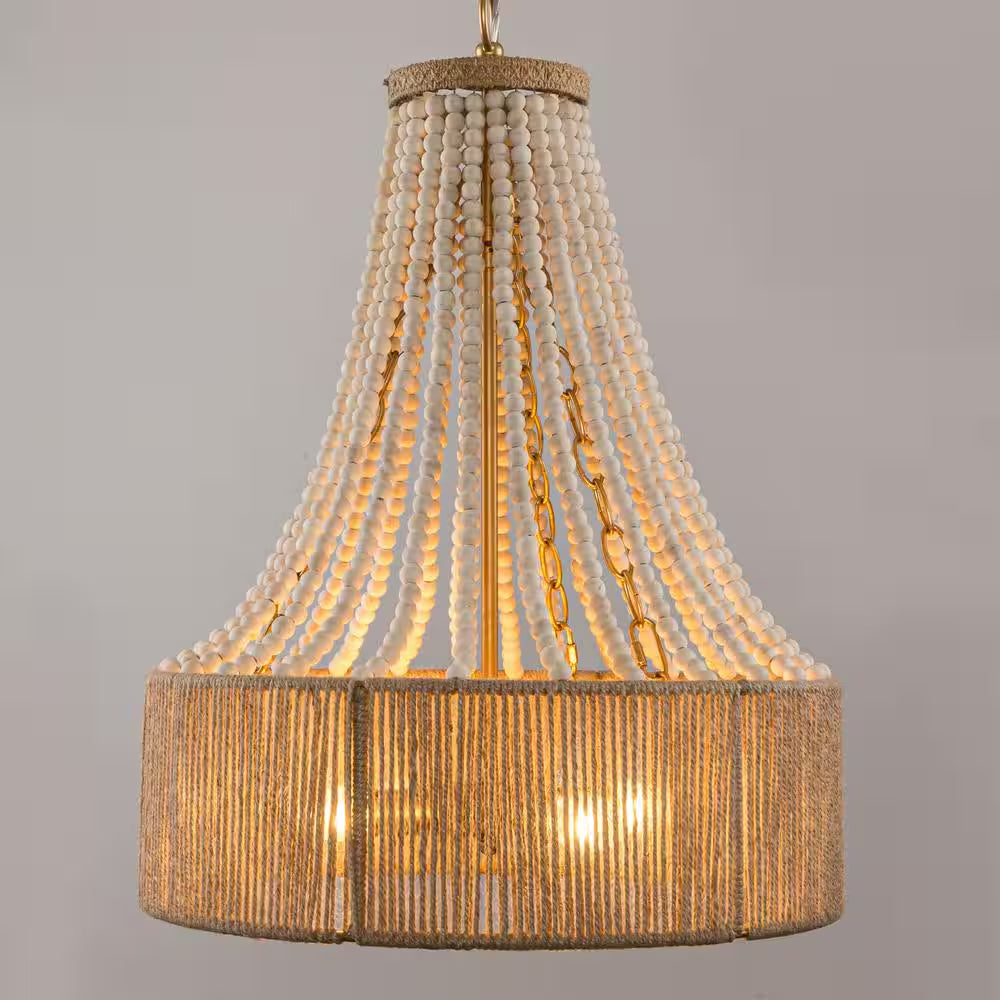 Farmhouse 17.7 In. 4-Light Antique Gold Empire Wood Beaded Chandelier with Jute Rope Shade