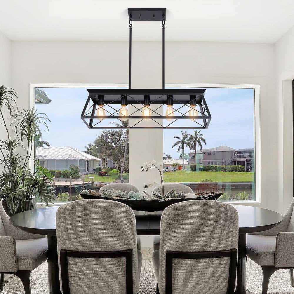 Industrial Series 5-Light Chandelier, Matte Black Finish, Modern Shape, Suitable for Living/Dining Room