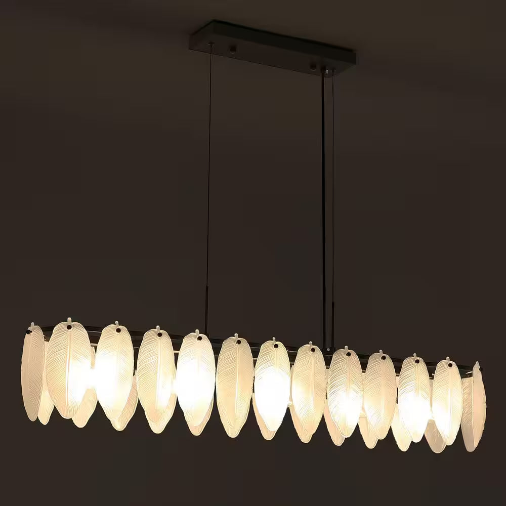 5-Light Black and Frosted Glass Leaf Linear Chandelier for Kitchen Island Dining Bedroom Living Room Foyer