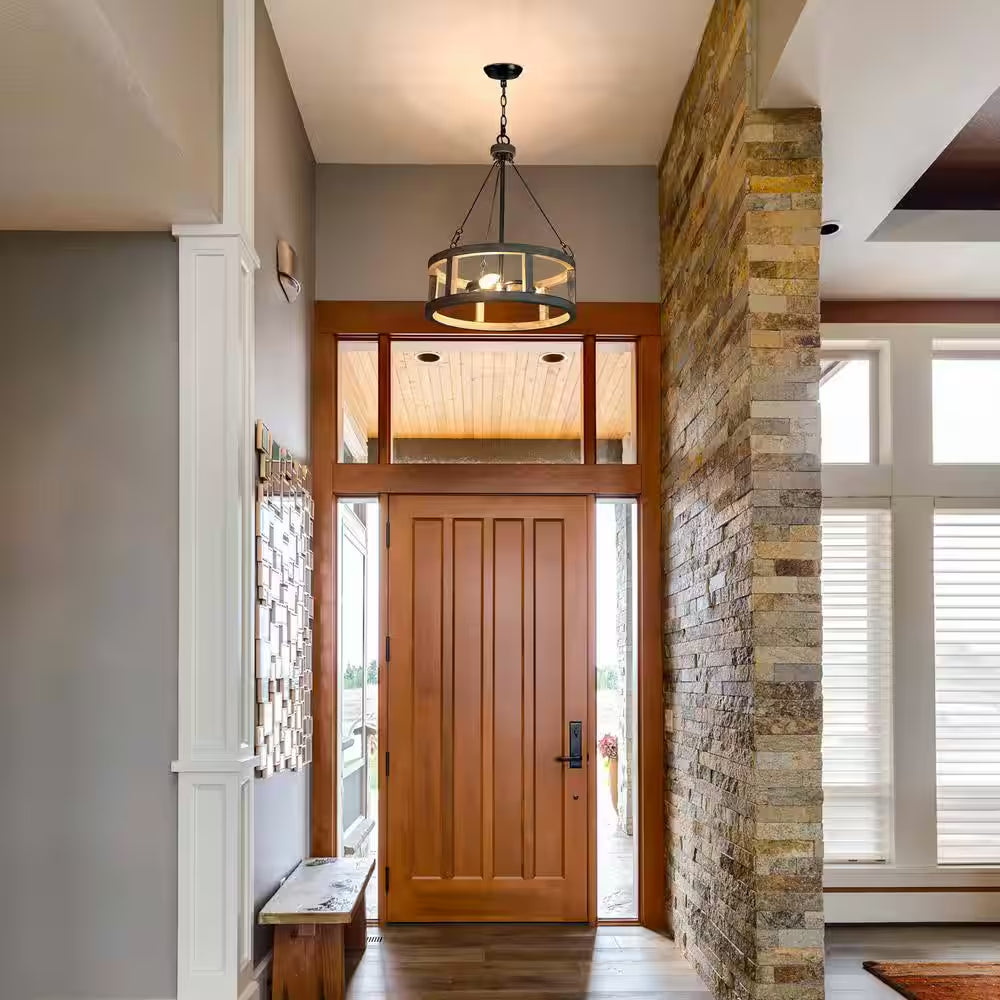 Drum Wood Chandelier, Rustic 3-Light Brown Caged Chandelier round Island Pendant Light Farmhouse Chandelier
