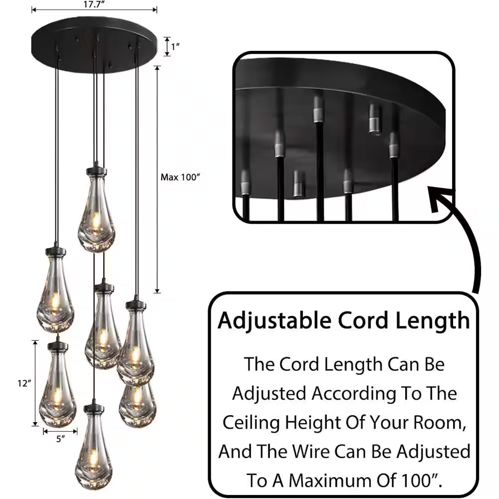 Farmhouse Chandelier 100 In. H 7-Lights Raindrop Black Chandelier for Staircase, Foyer, Living Room, Bulb Included