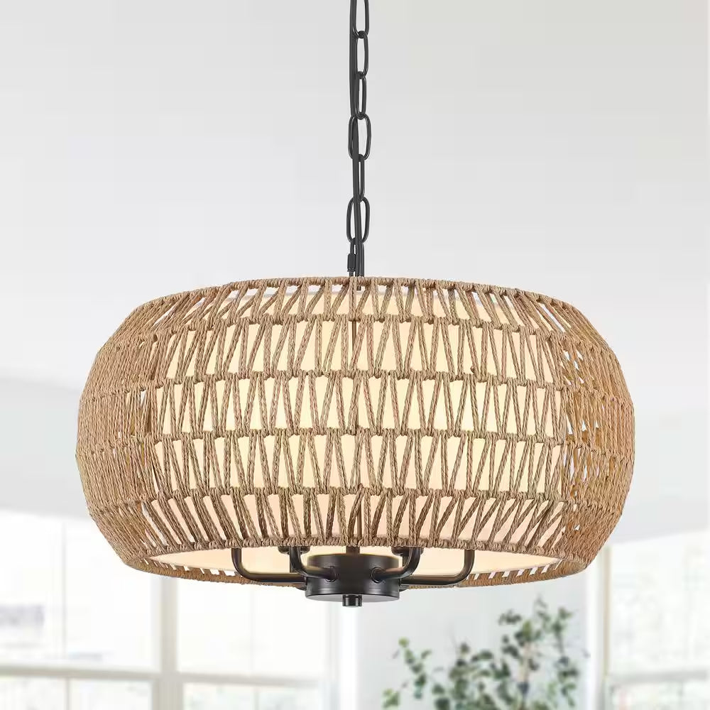 6-Light Black Bohemian Drum Chandelier with Straw Woven Shade for Kitchen Island