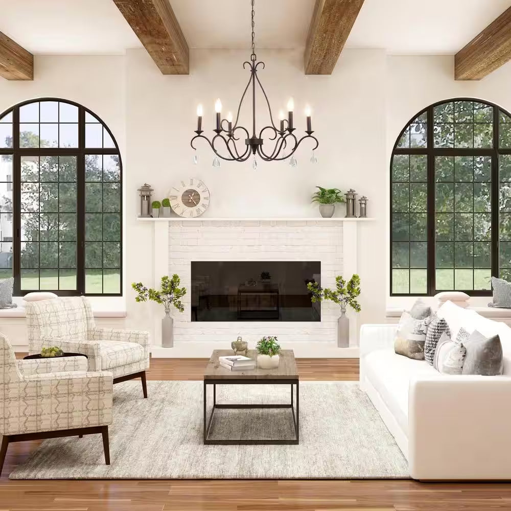 28 In. 6-Light Rusted Bronze Classic Candlestick Chandelier with Crystal Drops Modern Farmhouse Island Pendant