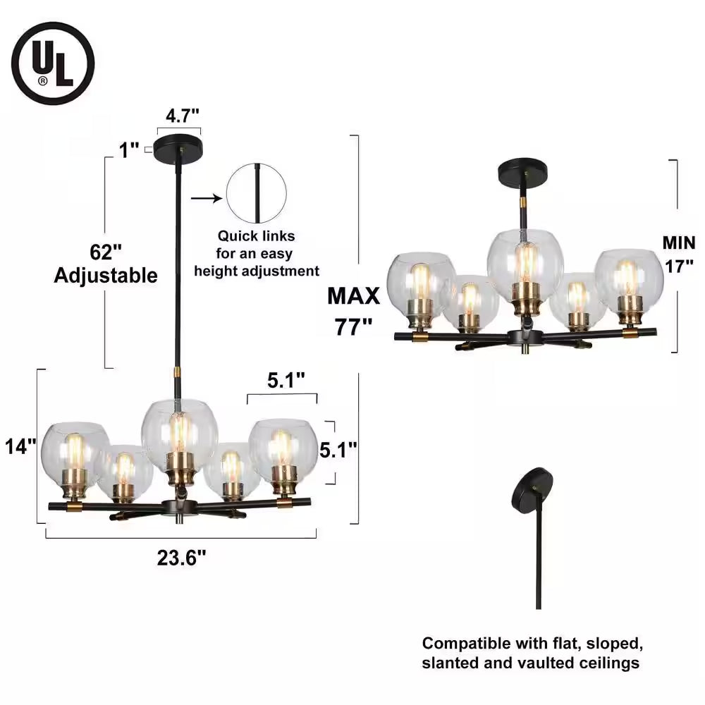 Transitional Sputnik Dining Room Chandelier 5-Light Modern Black and Gold Candle Chandelier with Seeded Glass Shades