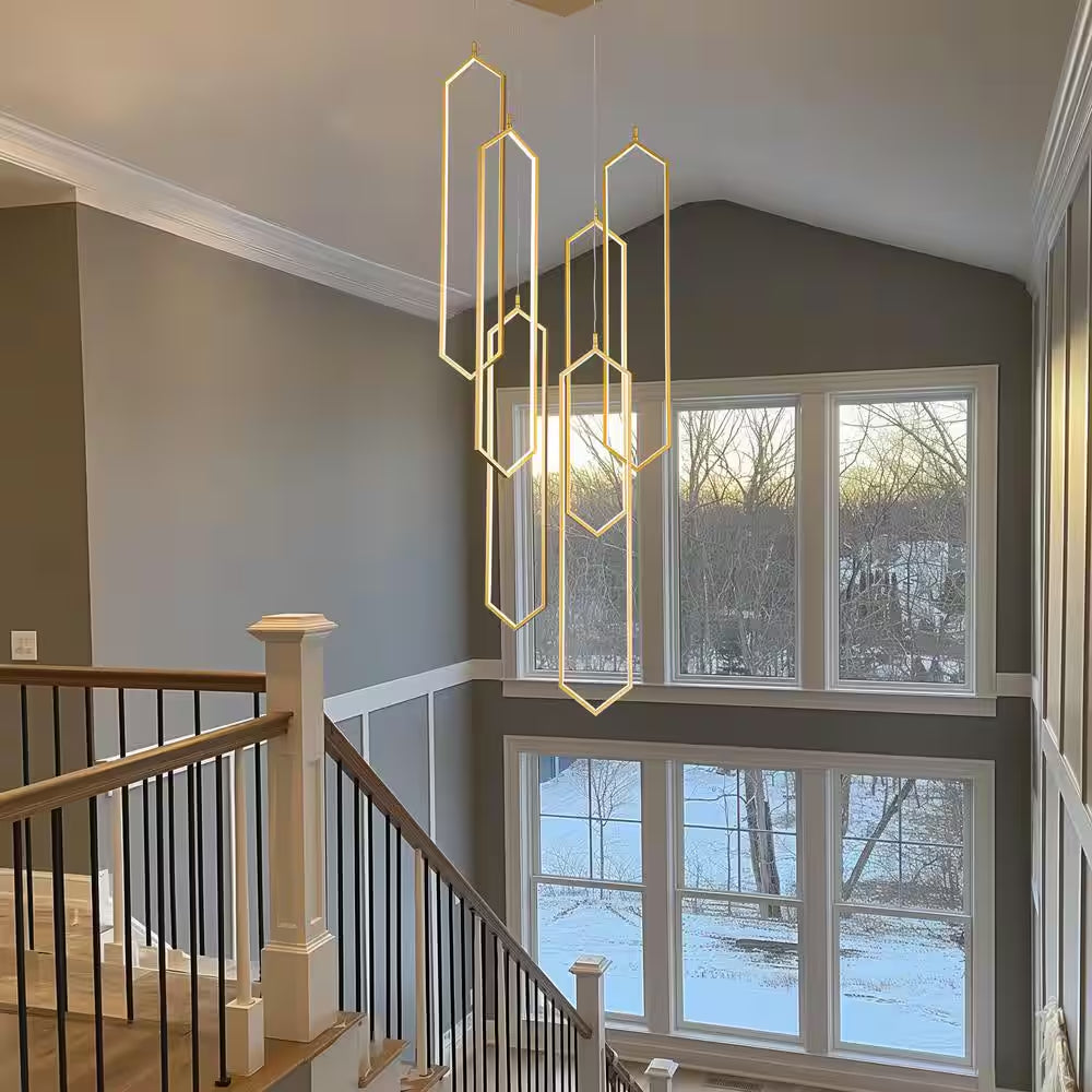 6-Light Modern Dimmable Integrated LED Geometric Gold Chandelier High Ceiling Chandelier for Staircase Foyer Living Room