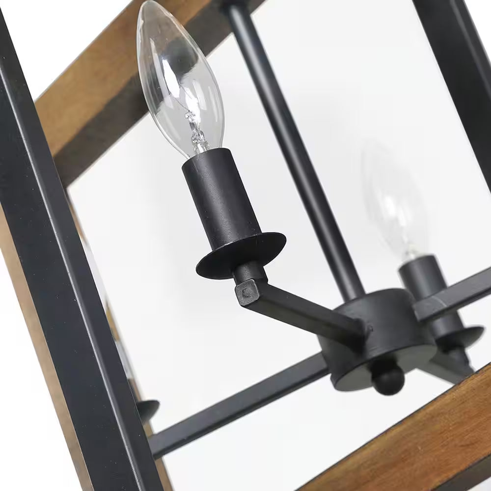 Farmhouse 4-Light Solid Wood Candlestick Chandelier with Black Frame Cottage Ceiling Light for Kitchen Island