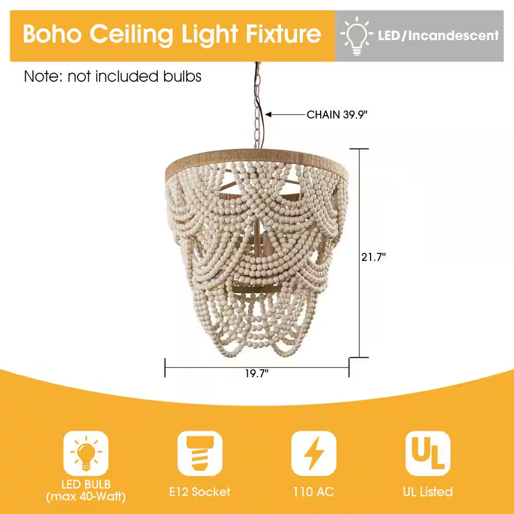 Modern Boho Dining Room Chandelier 4-Light Distressed White Island Chandelier with Wood Beads and Rope