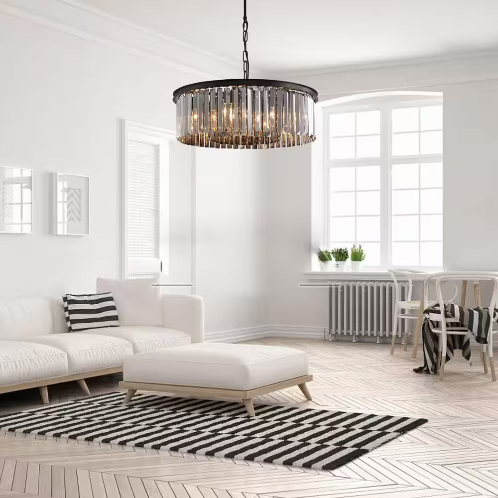 22 In. 6-Light Black Farmhouse Pendant Light Fixtures Crystal Drum Chandelier Dining Room Pendant Lighting