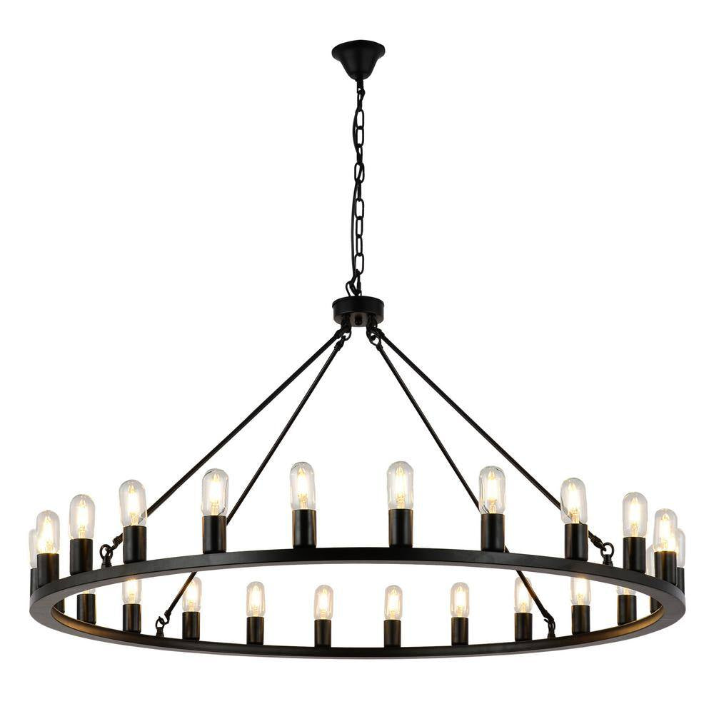 Industrial 24-Light Vintage Black Wagon Wheel Chandelier