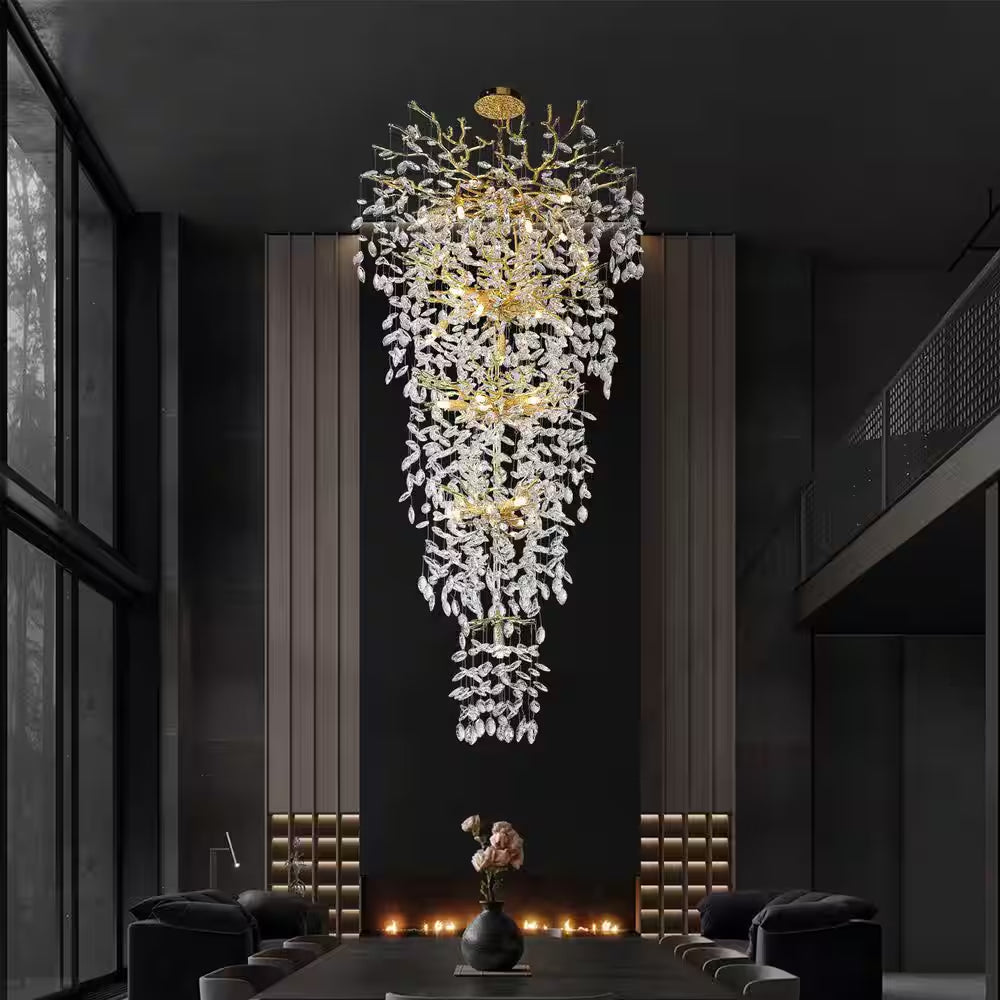 Modern Chandelier 118 In. 28-Light Crystal Gold Chandelier for Foyer, Living Room, Multiple Tiers Chandelier
