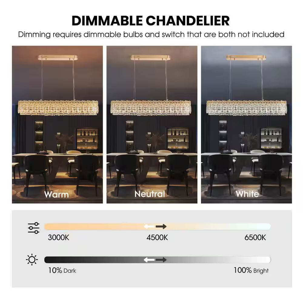 39 In. Modern Brass Crystal 1-Light Island Chandelier for Dining Room with Crystal Shades
