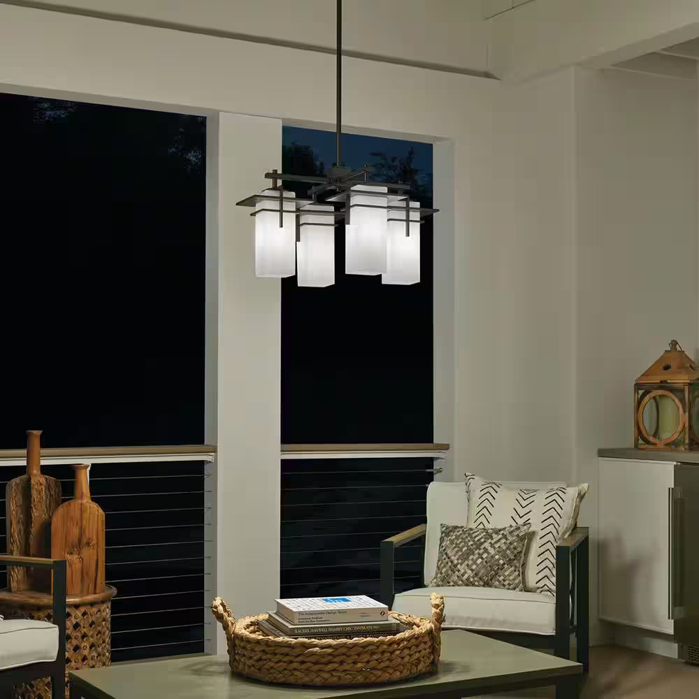 Caterham 4-Light Olde Bronze Outdoor Porch Hanging Chandelier with Satin Etched Glass Shades (1-Pack)