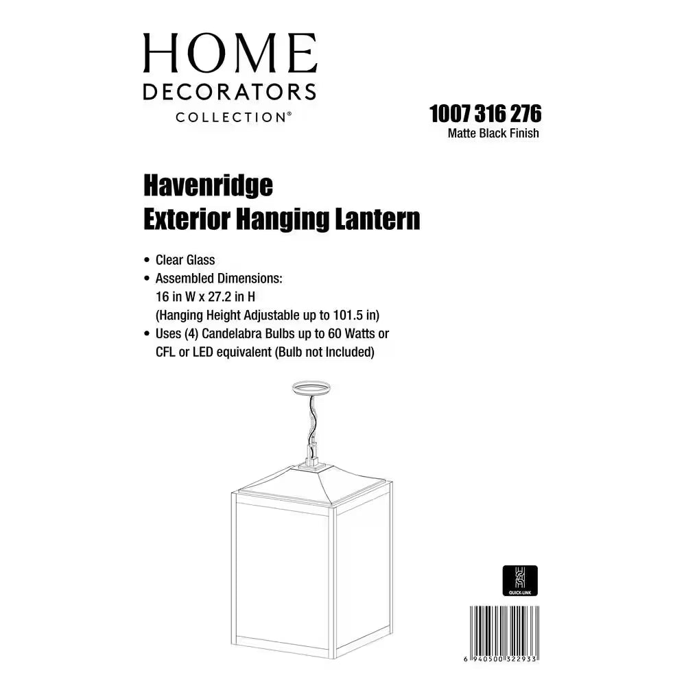 Havenridge 4-Light Matte Black Outdoor Chandelier with Clear Glass (1-Pack)