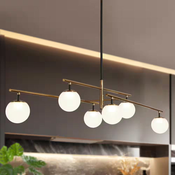 Transitional 6-Light Brass Linear Integrated LED Island Pendant Light, Globe Frosted Glass Chandelier for Dining Room