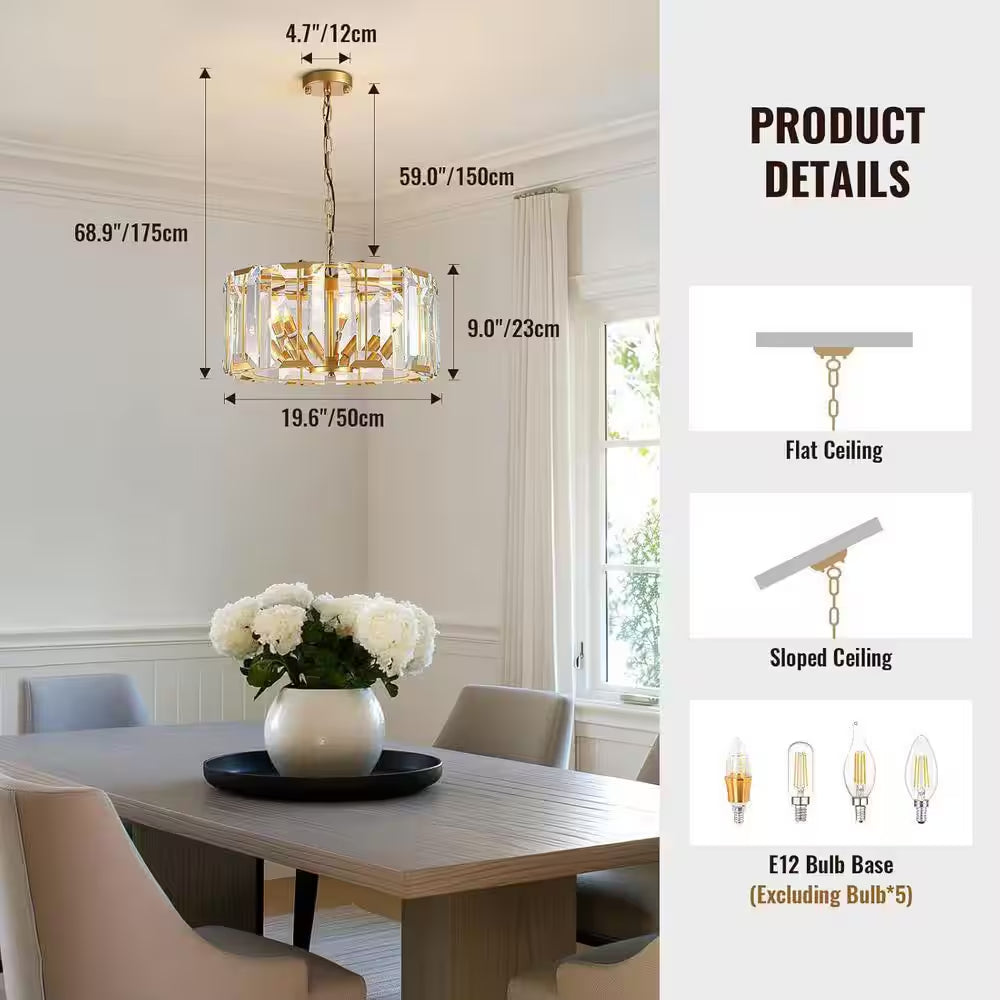 19.7 In. 5-Light Gold Crystal Drum Chandelier Modern Pendant Light for Dining Room, Living Room, Kitchen