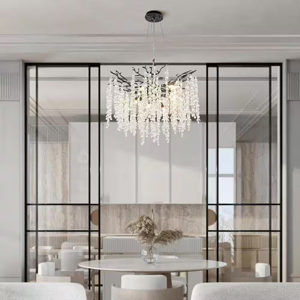 24" 8-Light Modern Crystal Chandelier Black Tree Branch round Chandelier for Dining Room, Living Room, Bedroom, Entryway