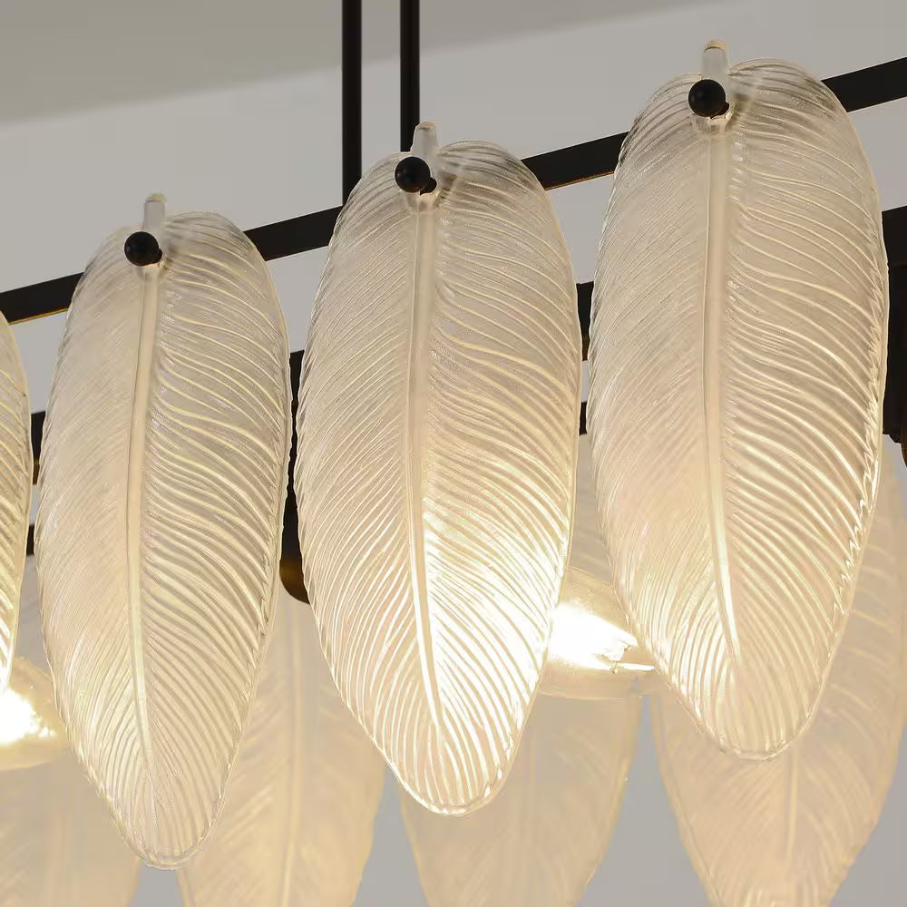 5-Light Black and Frosted Glass Leaf Linear Chandelier for Kitchen Island Dining Bedroom Living Room Foyer
