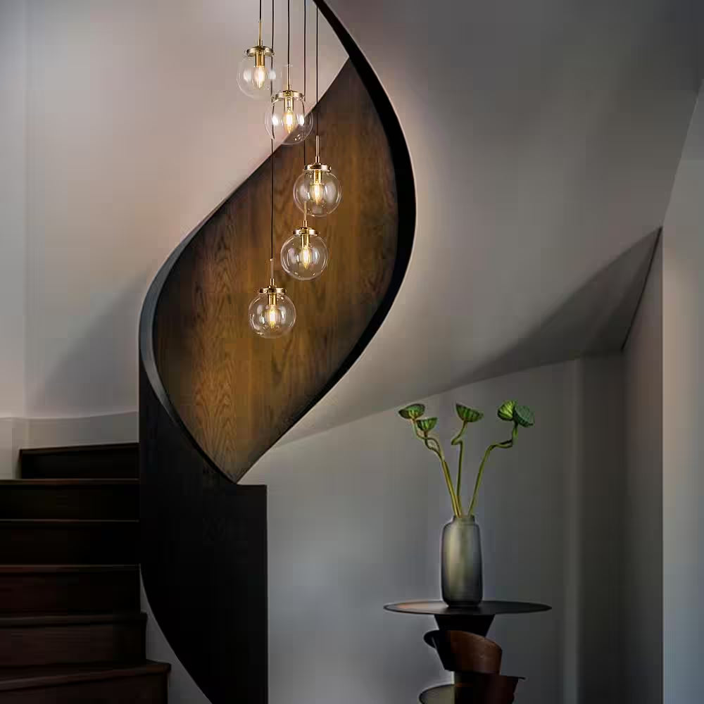 5-Light Modern Antique Gold Staircase Chandelier Clear Globe Bubble Glass Foyer Pendant