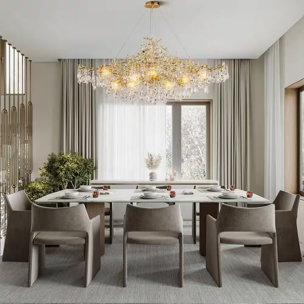 14-Lights Gold Luxury Crystal Linear Chandelier, Modern Tree Branch Chandelier for Dinning Room, Kitchen, Living Room