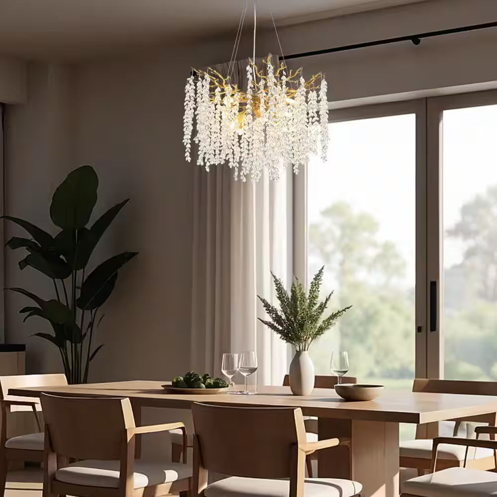 24" 8-Light Modern Crystal Chandelier, Gold Tree Branch round Chandelier for Dining Room, Living Room, Bedroom, Entryway