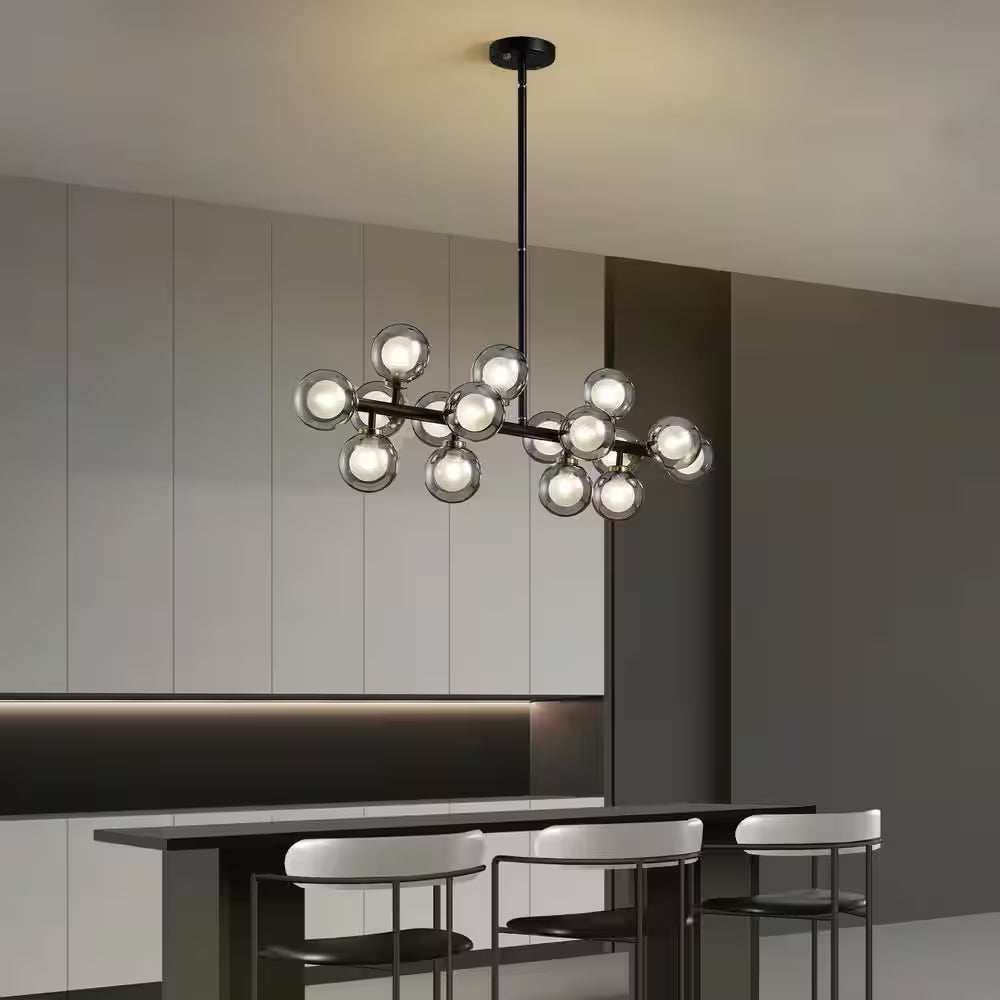 40 In. 16-Light Modern Black Dimmable Bubble Glass Sputnik Glass Globe Chandelier for Dining Room and Living Room