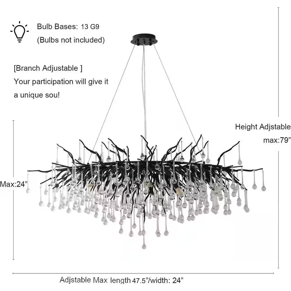 Modern Chandelier 47 In. 13-Lights Black Luxury Crystal Globe Linear Chandelier for Dinning Room, Kitchen Island, Foyer
