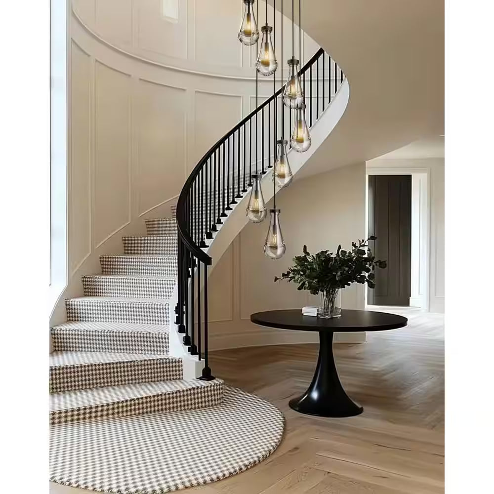 Farmhouse Chandelier 100 In. H 7-Lights Raindrop Black Chandelier for Staircase, Foyer, Living Room, Bulb Included