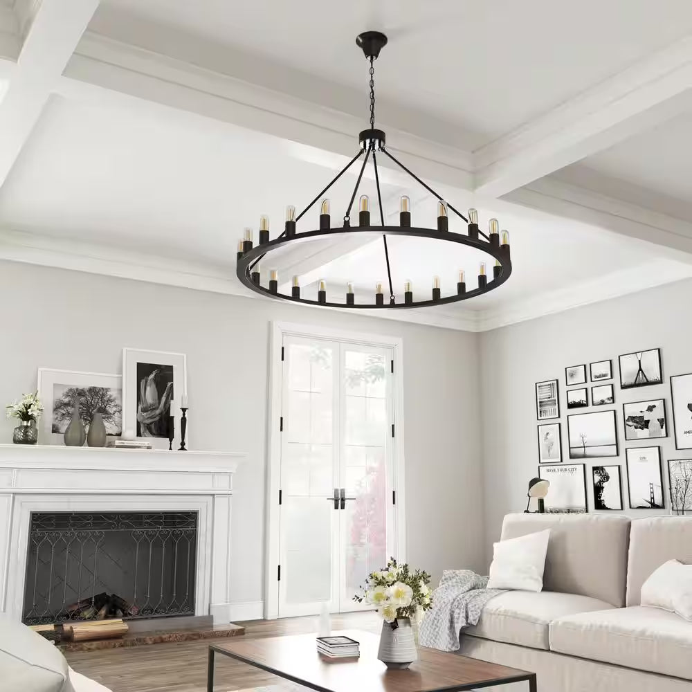 Industrial 24-Light Vintage Black Wagon Wheel Chandelier
