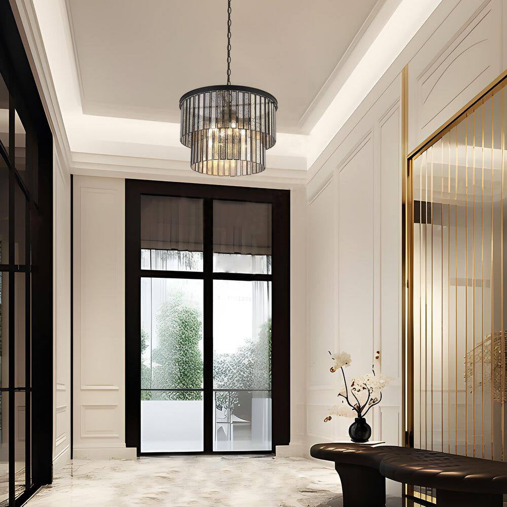 Hemera 4-Light Black Modern Drum Chandelier with 2-Tier Plated Mercury Glass Shade Living Room Silvered Hanging Light