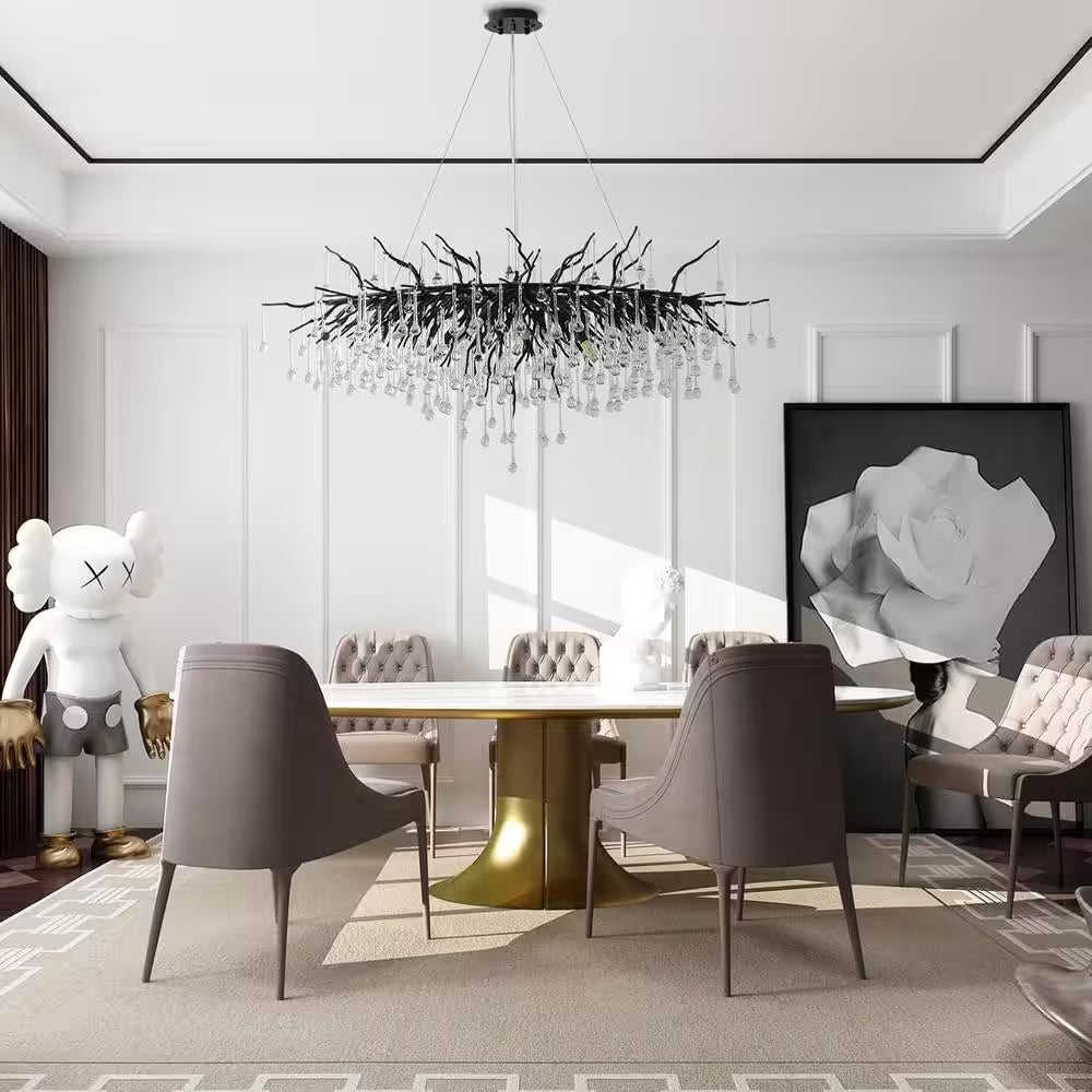 Modern Chandelier 47 In. 13-Lights Black Luxury Crystal Globe Linear Chandelier for Dinning Room, Kitchen Island, Foyer