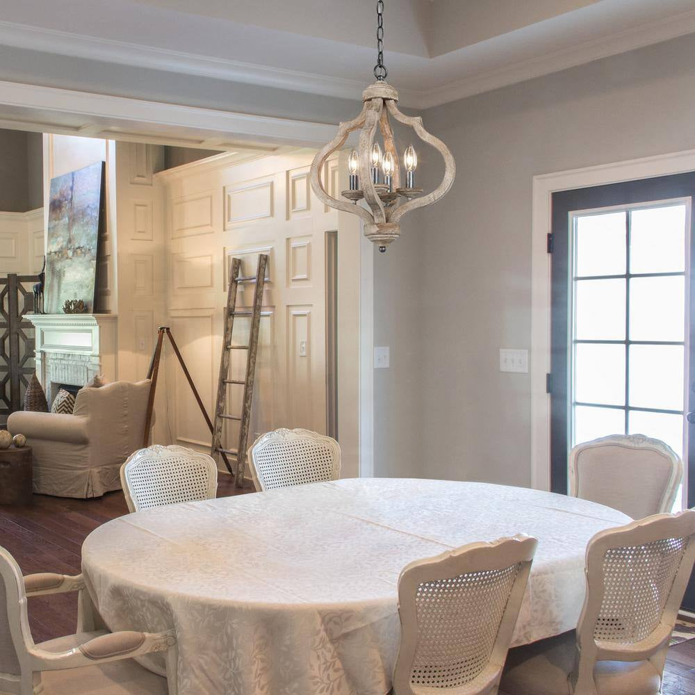 Lantern Wood Pendant 4-Light Cage Brown Rustic Chandelier Dining Room Island Chandelier with Farmhouse Candle Style