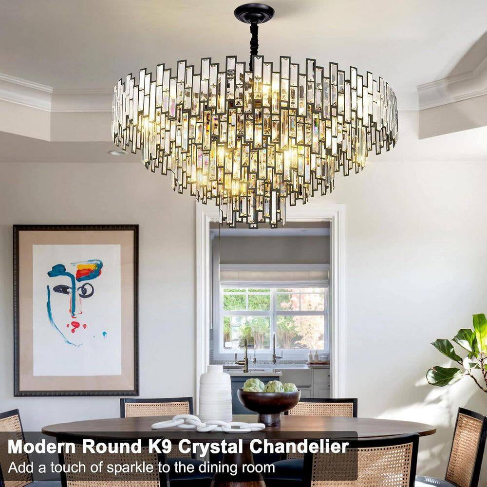 38.5 In. Modern Chandelier 26-Light 5-Tier Black round K9 Crystal Chandelier for Dining Room Living Room Entryway, Foyer