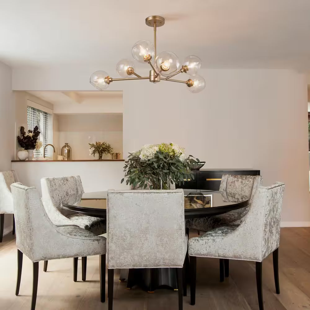 Modern Gold Dining Room Chandelier, Bubble 31.5 In. 6-Light Farmhouse Sputnik Bedroom Chandelier with Clear Glass Shades