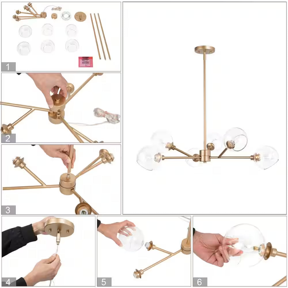 Modern Gold Dining Room Chandelier, Bubble 31.5 In. 6-Light Farmhouse Sputnik Bedroom Chandelier with Clear Glass Shades