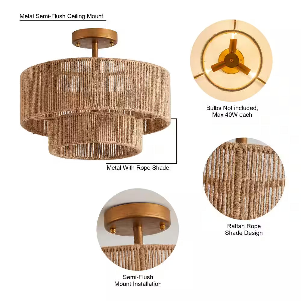 15.4 In. 3-Light Bohemian Antique Gold Two-Tier Drum Semi- Flush Mount with Natural Jute Rope Shade