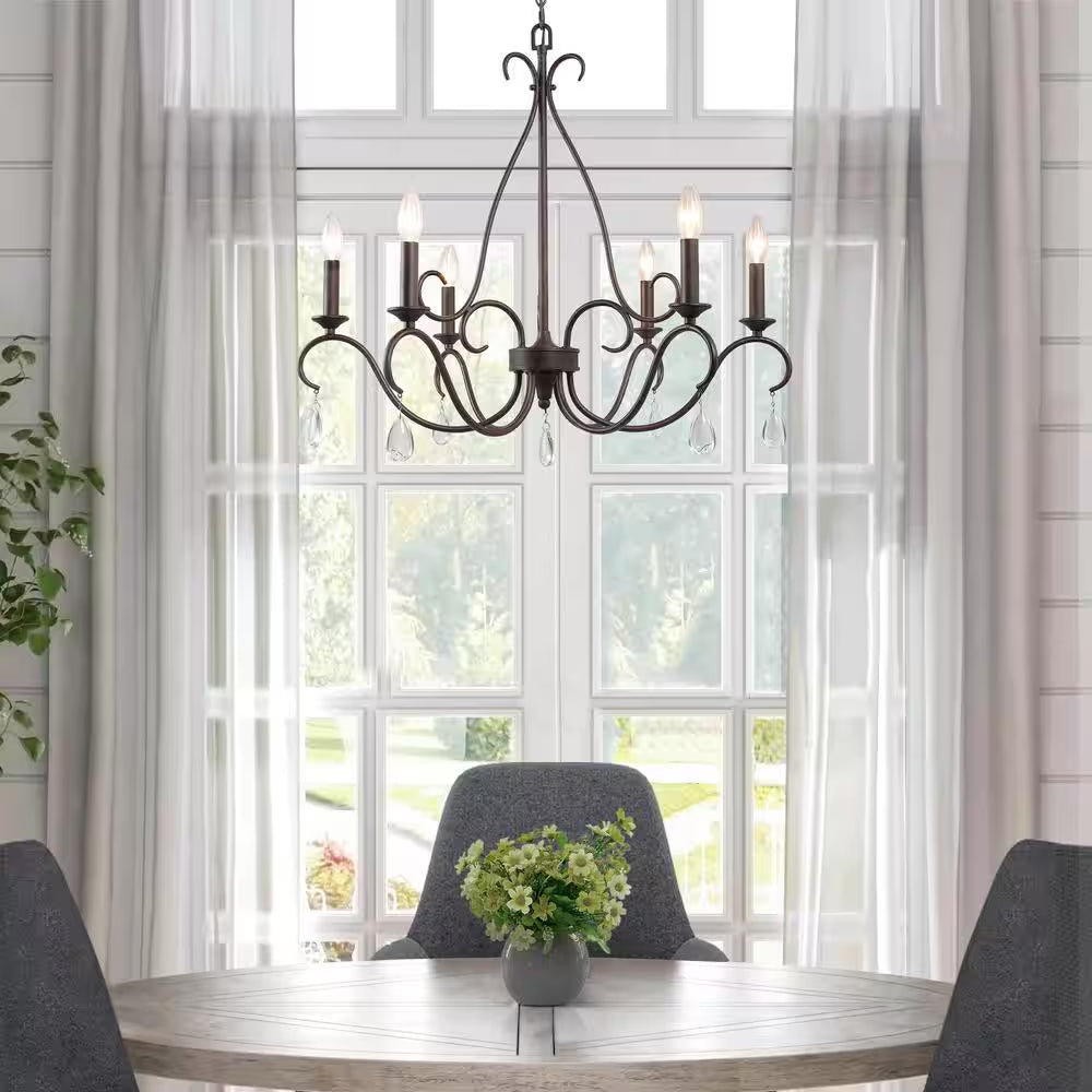 28 In. 6-Light Rusted Bronze Classic Candlestick Chandelier with Crystal Drops Modern Farmhouse Island Pendant