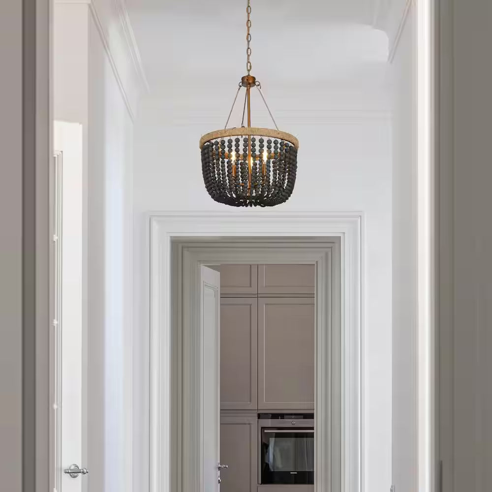 Modern Farmhouse Empire Drum Beaded Chandelier Light, 3-Light Gold Transitional Boho Chandelier with Black Wood Beads