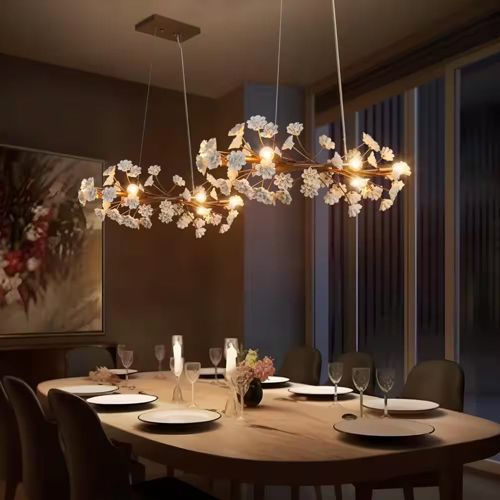 Modern Gold Bedroom Kitchen Chandelier Light, 32 In. 6-Light Linear Dining Room Hanging Light with White Ceramic Flowers