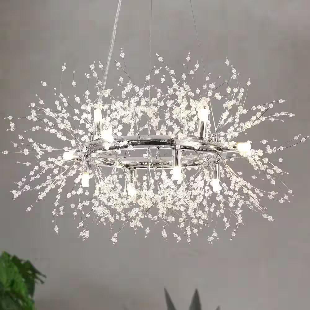 12-Light Chrome Modern Dandelion Crystal Chandelier for Dining Room and Living Room