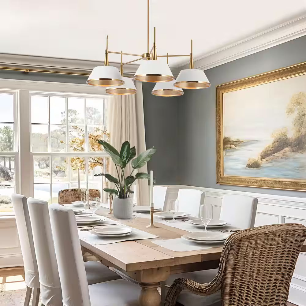 Modern 5-Light Matte White and Plated Brass Chandelier Contemporary Island Ceiling Light with Bell Shade for Living Room