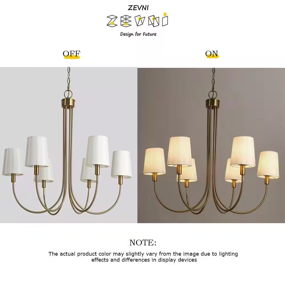Transitional 28.5 In. 6-Light Plated Brass Sputnik Chandelier, Vintage Dining Room Chandelier with White Fabric Shade