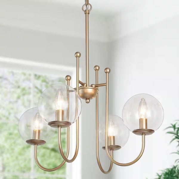 Modern Gold Sputnik Kitchen Island Chandelier Transitional 4-Light Brass Globe Kitchen Light with Clear Glass Shade