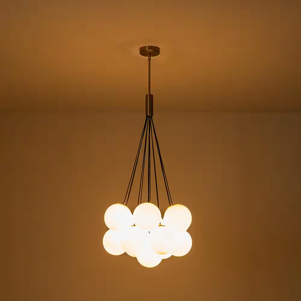 Galaxy Modern Globefoyer Chandelier 13-Light 19.7 In. W Antique Brass Cluster Bubble Chandelier with Opal Glass Shade