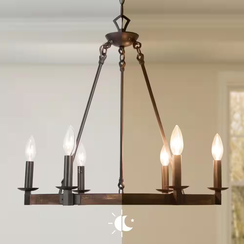 Farmhouse Wagon Wheel Chandelier, 6-Light Distressed Wood Circle Island Light, Rustic Bronze Dining Room Pendant Light