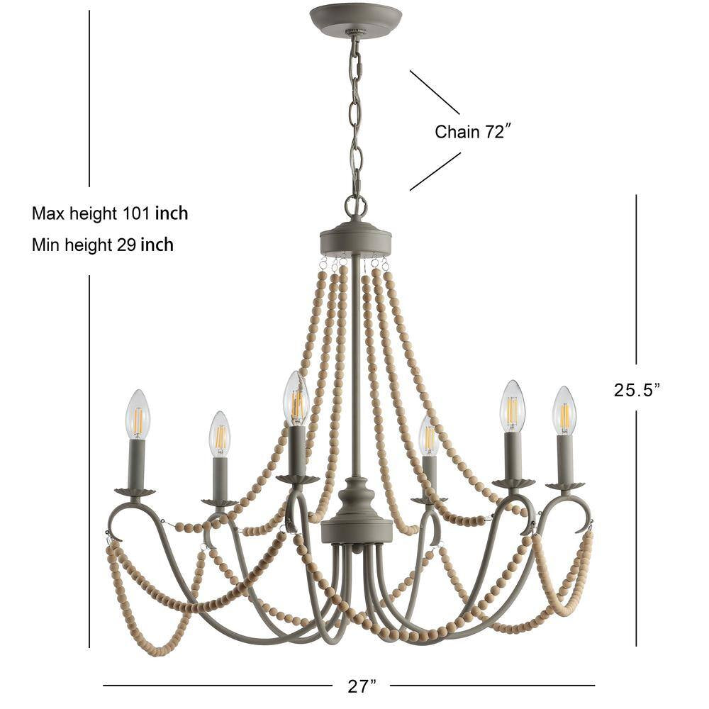 Rustica 6-Light 27 In. Grey/Natural Adjustable Greige Metal/Wood Bead LED Chandelier
