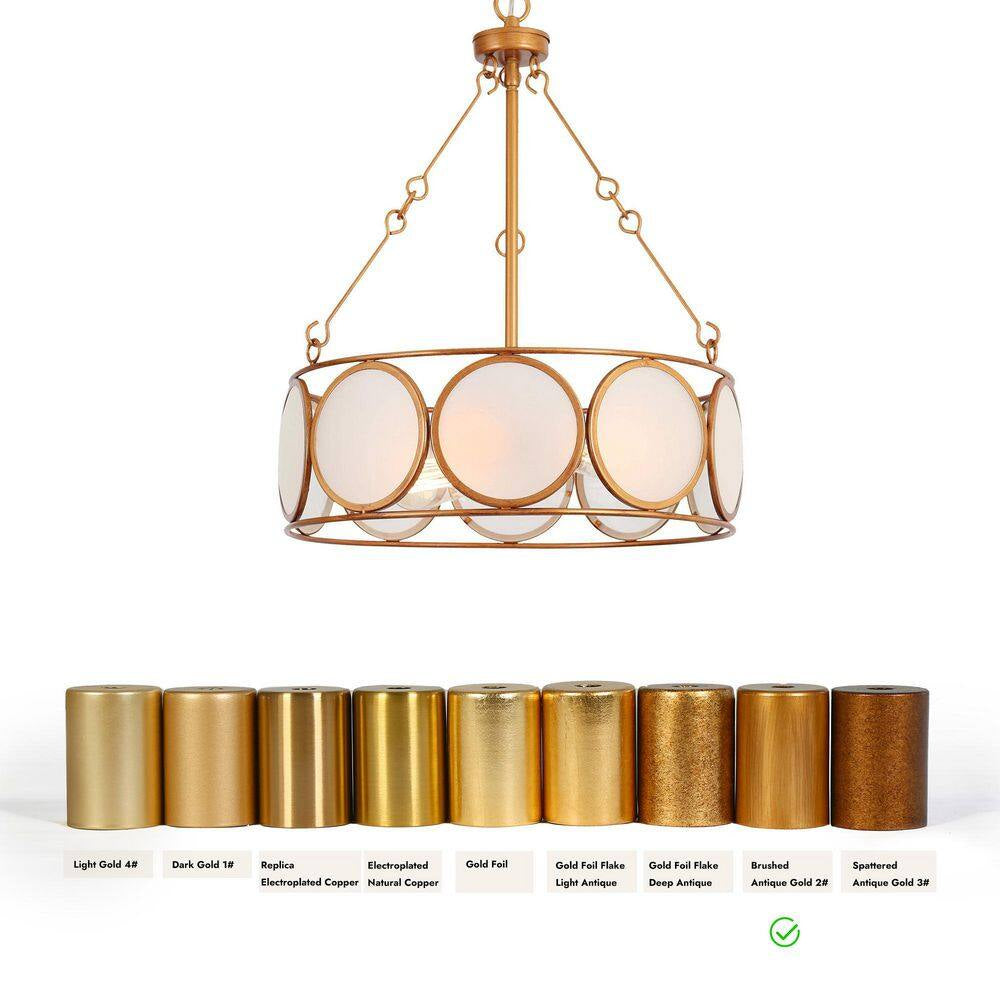 3-Light Antique Gold Modern Pendant Light, Frosted Glass round Chandelier, Transitional Dining Room Drum Chandelier