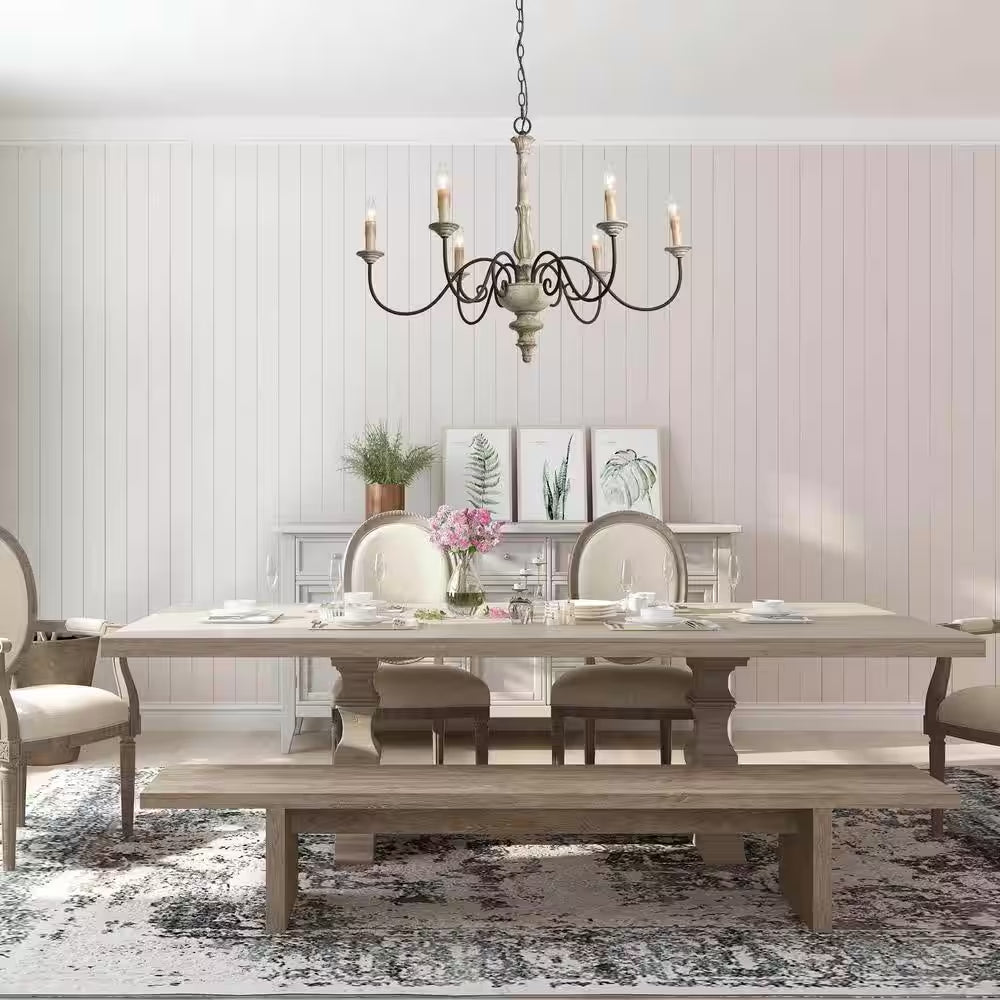 37 In. W Wood Candlestick Chandelier 6-Light Distressed White Farmhouse Chandelier Living Room with French Country Flair